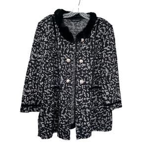Ming Wang Black Jacquard Knit Fur Collar Velvet Trim Cardigan Jacket Size Large